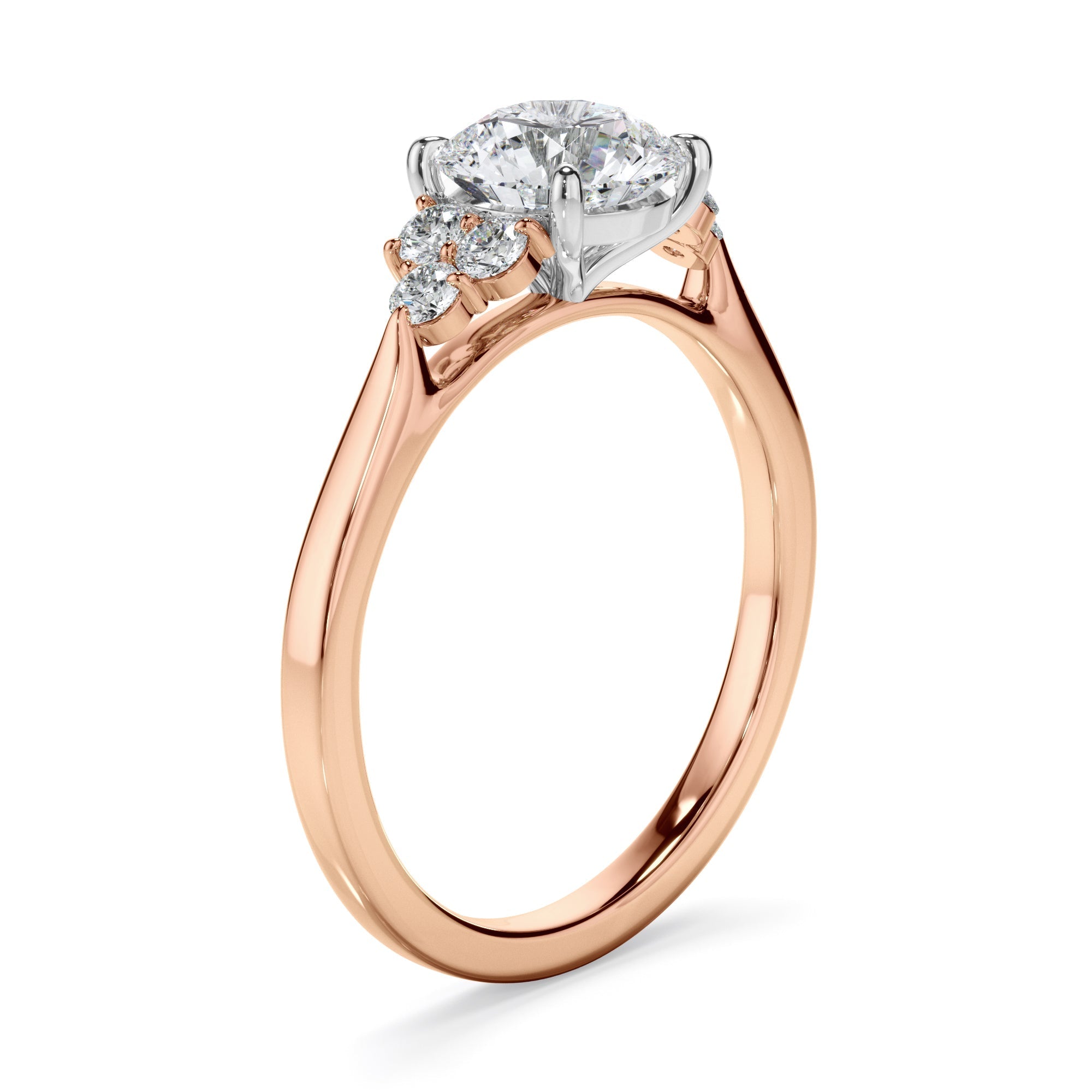 Round Brilliant Cut Diamond Engagement Ring With Diamond Cluster Sides