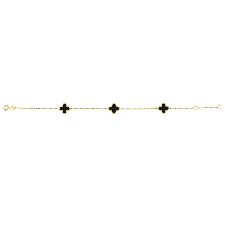9ct Yellow Gold Black Onyx Clover Bracelet 19cm