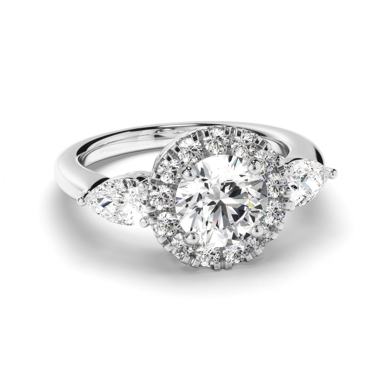 Round Brilliant Cut Diamond Halo Trilogy Engagement Ring with Pear Sides