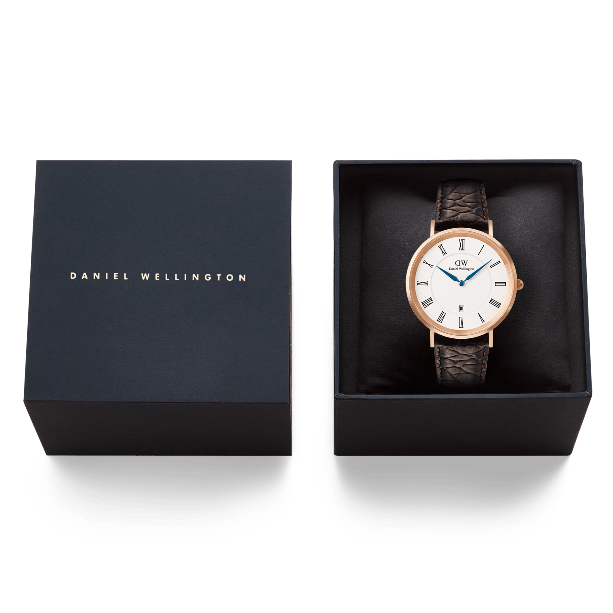 Daniel Wellington Classic Roman Numerals Date Dark Brown Croc Belly Rose Gold