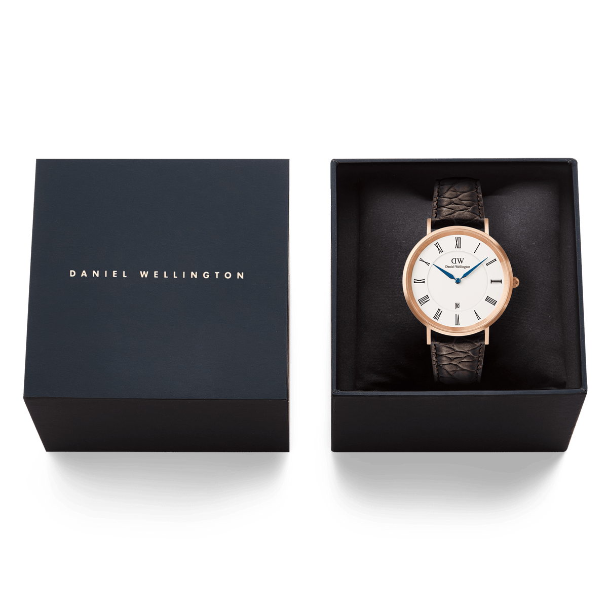 Daniel Wellington Classic Roman Numerals Date Dark Brown Croc Belly Rose Gold