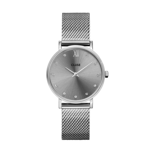 CLUSE Minuit Silver Grey Crystals & Silver Mesh Watch CW10203