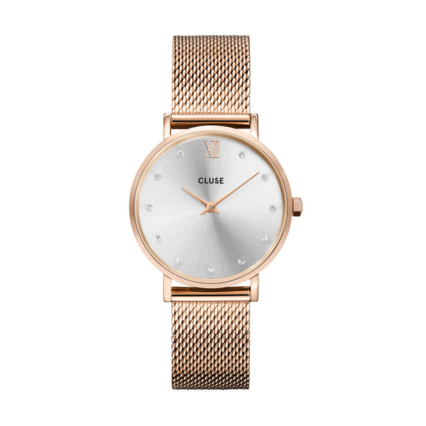 CLUSE Minuit Rose Gold Silver Crystals & Rose Gold Mesh Watch CW10205