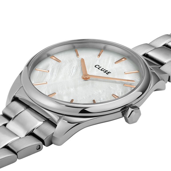 CLUSE Feroce Petite Silver White Pearl & Steel Link Watch CW11211