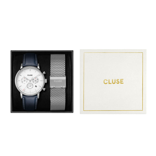 CLUSE Gift Set Aravis Chrono Silver & Blue Leather and Silver Mesh Strap CG21004