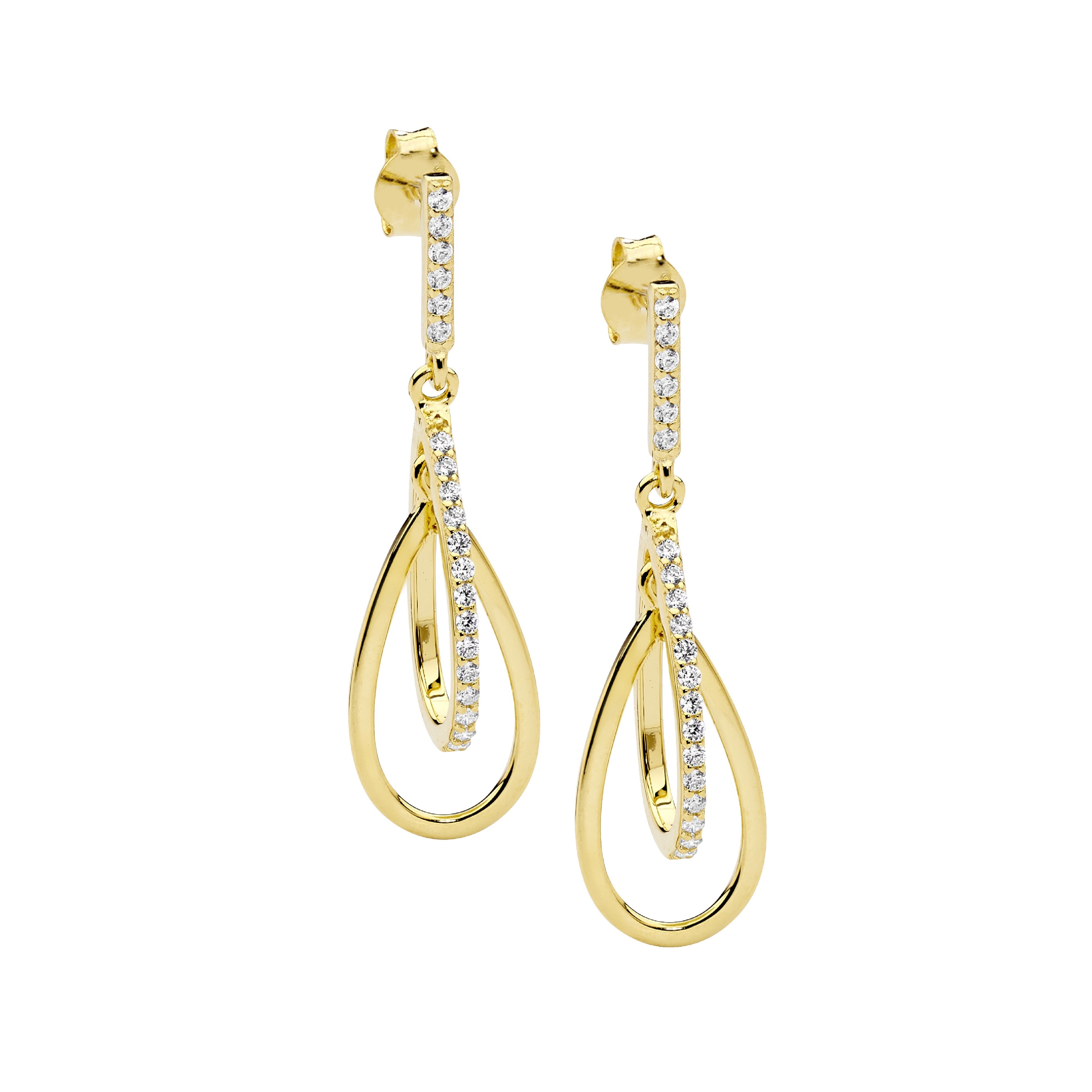 Sterling Silver Cubic Zirconia Double Open Tear Drop Earrings With Gold Plating