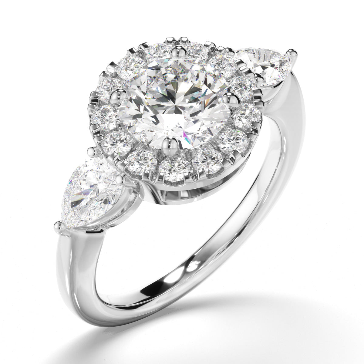 Round Brilliant Cut Diamond Halo Trilogy Engagement Ring with Pear Sides
