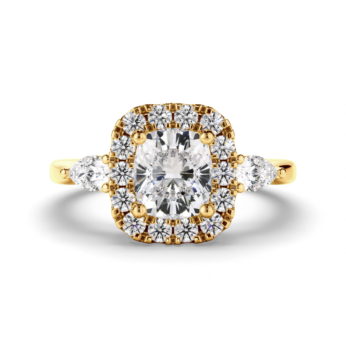 Cushion Cut Diamond Halo Trilogy Engagement Ring with Pear Sides