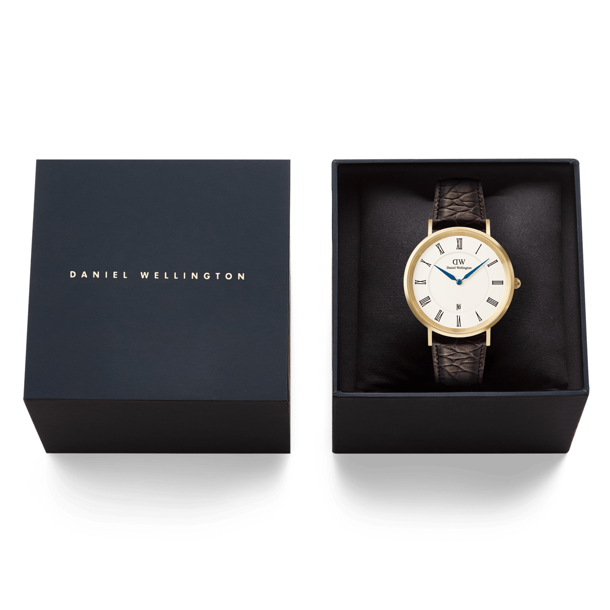 Daniel Wellington Classic Roman Numerals Date Dark Brown Croc Belly Gold