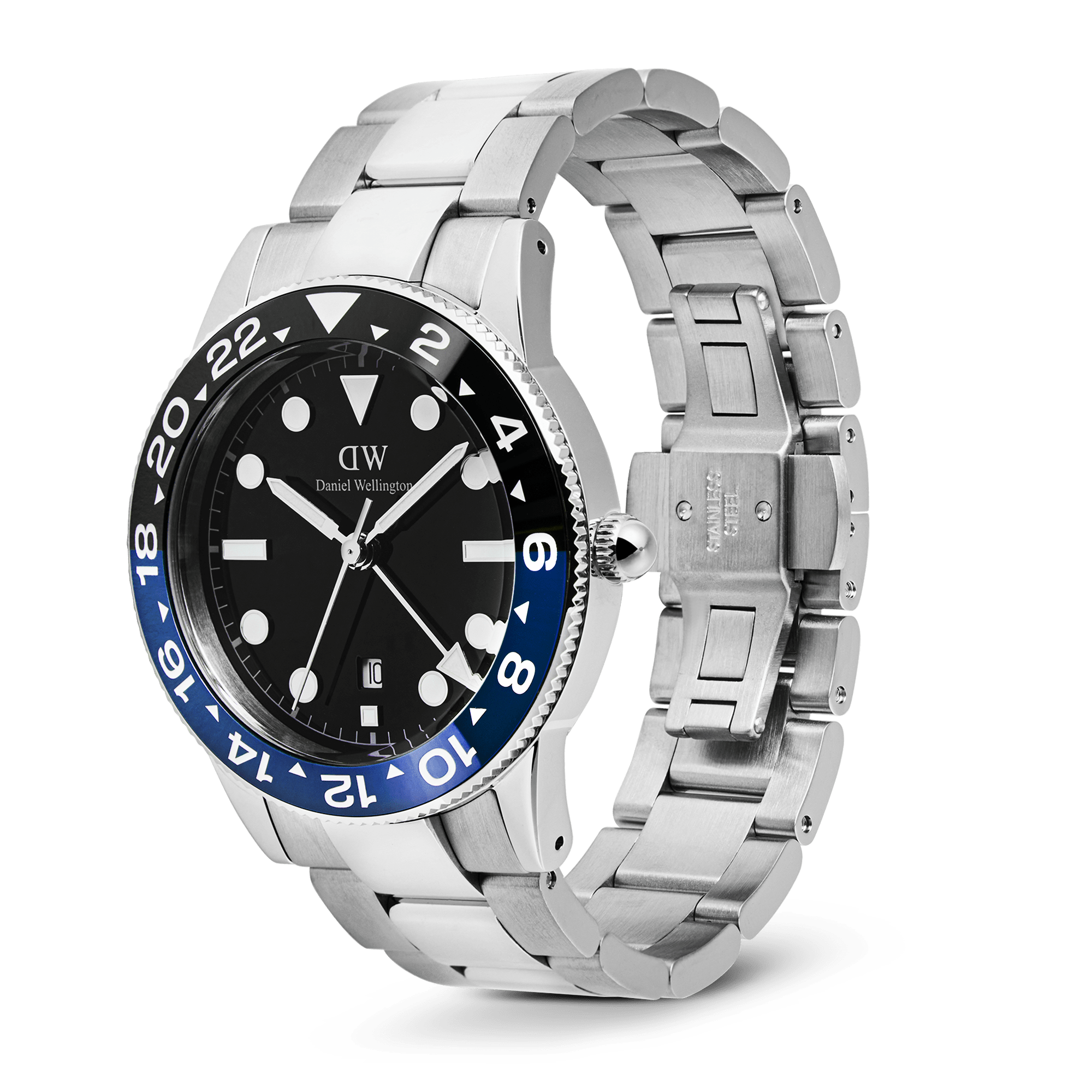 Daniel Wellington Iconic GMT Link Black Blue Ceramic Bezel Silver