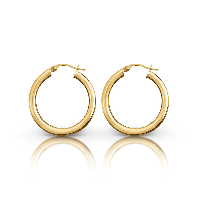 9ct Yellow Gold Plain 3mm Round Tube 15mm Hoop Earrings