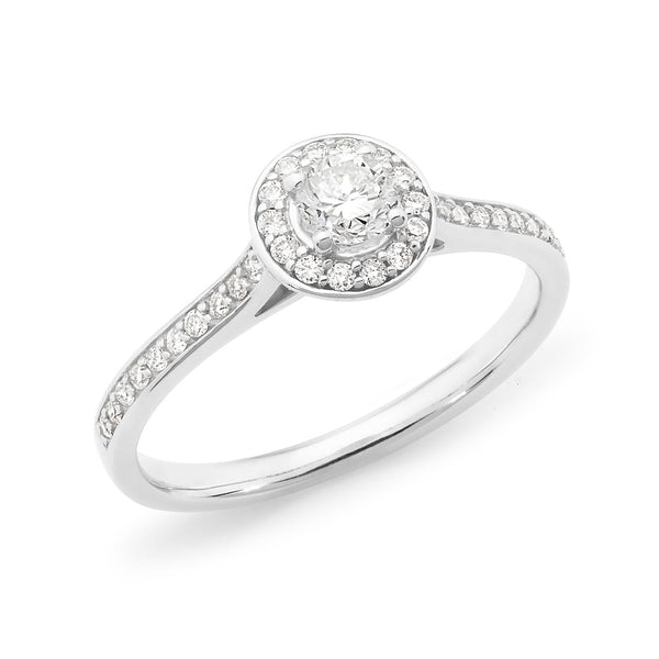 0.37ct Round Brilliant Cut Diamond Claw-Bead Set Halo Engagement Ring in 18ct White Gold