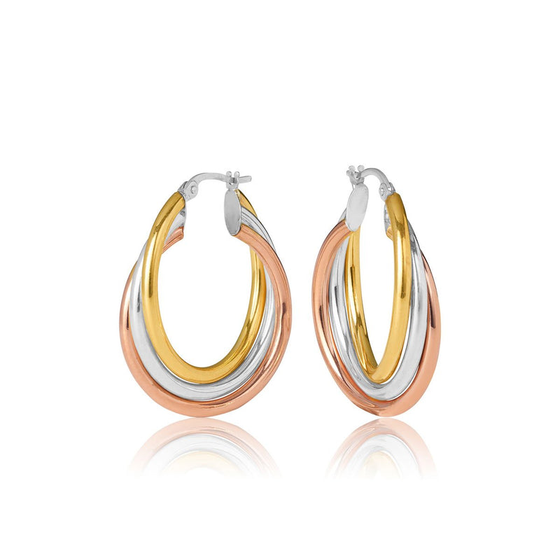 9ct Yellow, White & Rose Gold Triple Hoop Earrings