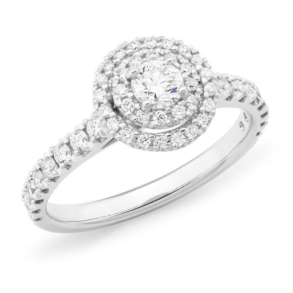 0.78ct Round Brilliant Cut Diamond Claw Set Halo Engagement Ring in 18ct White Gold