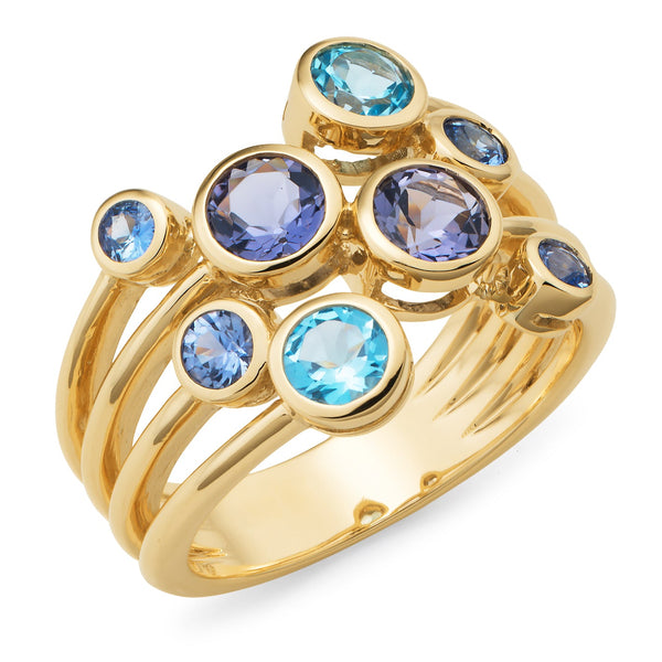 9ct Yellow Gold Iolite & Ceylon Sapphire & Blue Topaz Ring