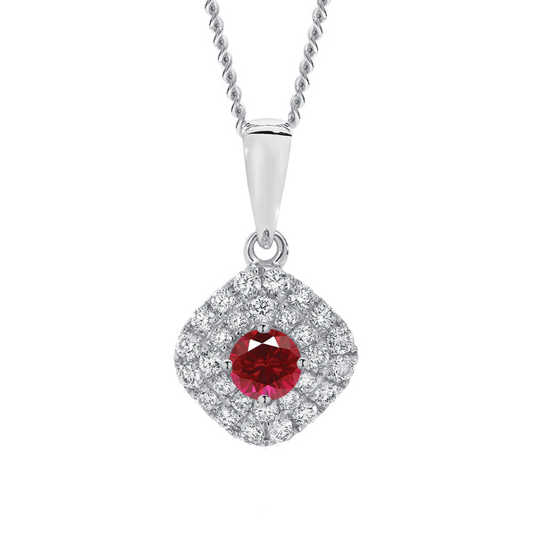 18ct White Gold Ruby & Diamond Halo Pendant