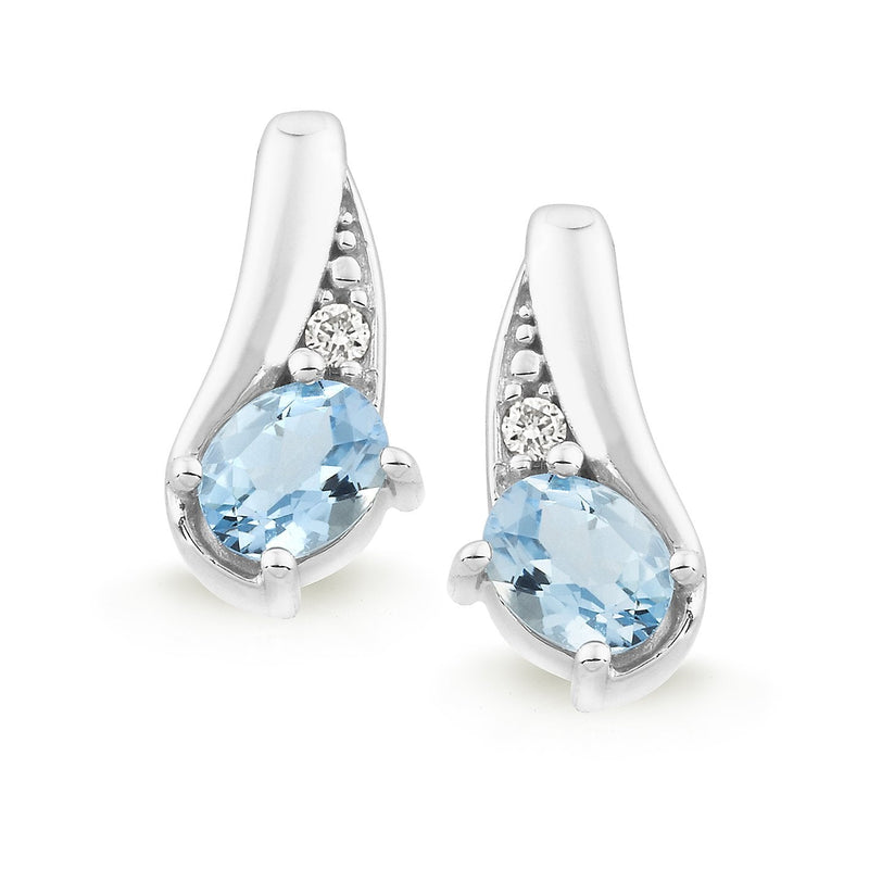 Aquamarine & Diamond Claw-Bead Set Stud Earrings in 9ct White Gold
