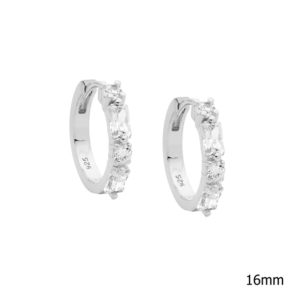 Sterling Silver Cubic Zirconia Round & Baguette 16mm Hoop Earrings 