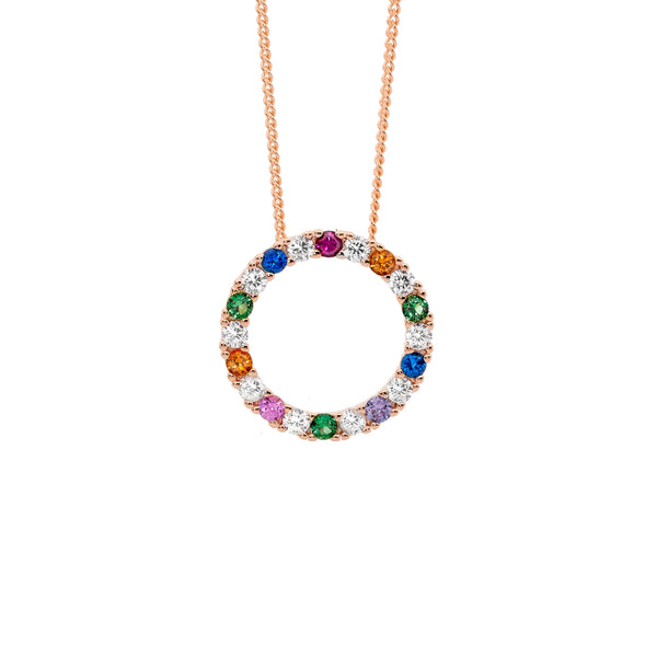 Sterling Silver & Multi Colour Cubic Zirconia 16mm Open Circle Pendant With Rose Gold Plating 