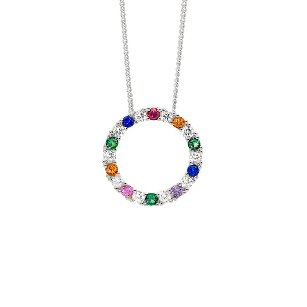 Sterling Silver & Multi Colour Cubic Zirconia 16mm Open Circle Pendant 