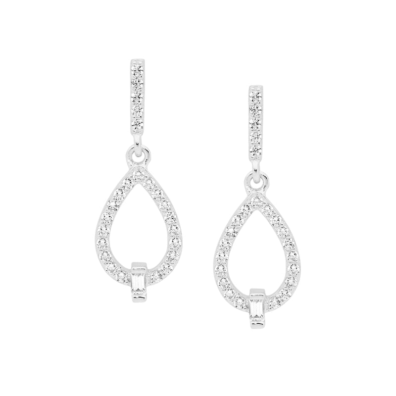 Sterling Silver Cubic Zirconia Open Tear Drop Earrings With Baguette 