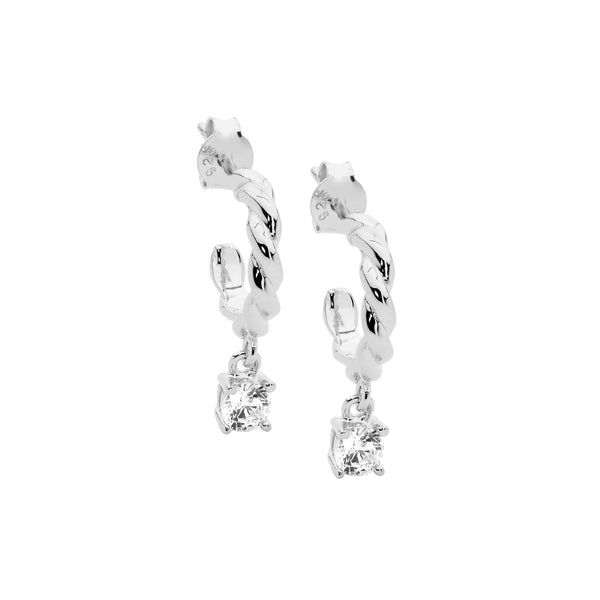 Sterling Silver 13mm Twist Hoop Earrings, Cubic Zirconia Claw Set Drop 