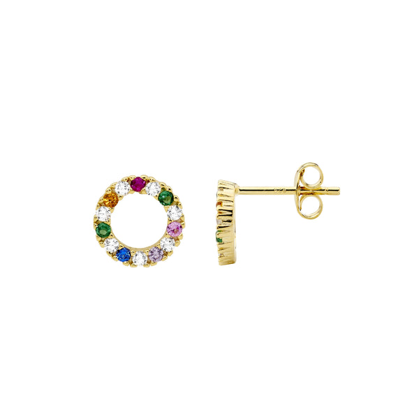 Sterling Silver & Multi Colour Cubic Zirconia 9mm Open Circle Earrings With Gold Plating 