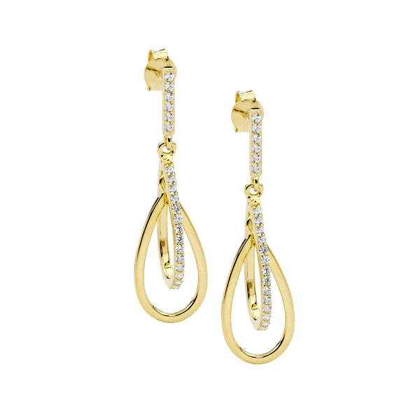 Sterling Silver Cubic Zirconia Double Open Tear Drop Earrings With Gold Plating 