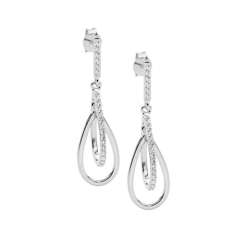 Sterling Silver Cubic Zirconia Double Open Tear Drop Earrings 