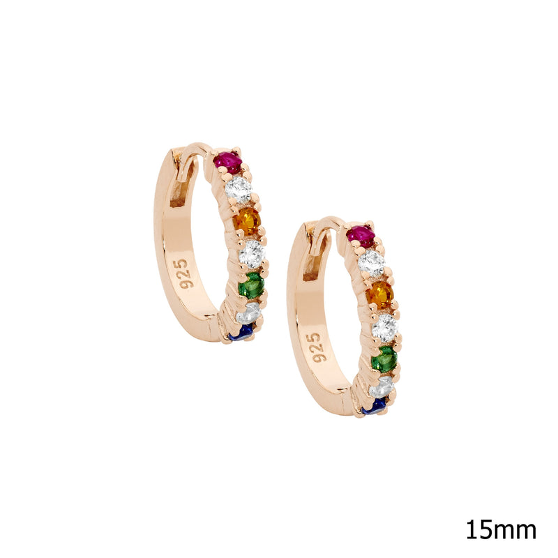 Sterling Silver & Multi Colour Cubic Zirconia 14mm Hoop Earrings With Rose Gold Plating 