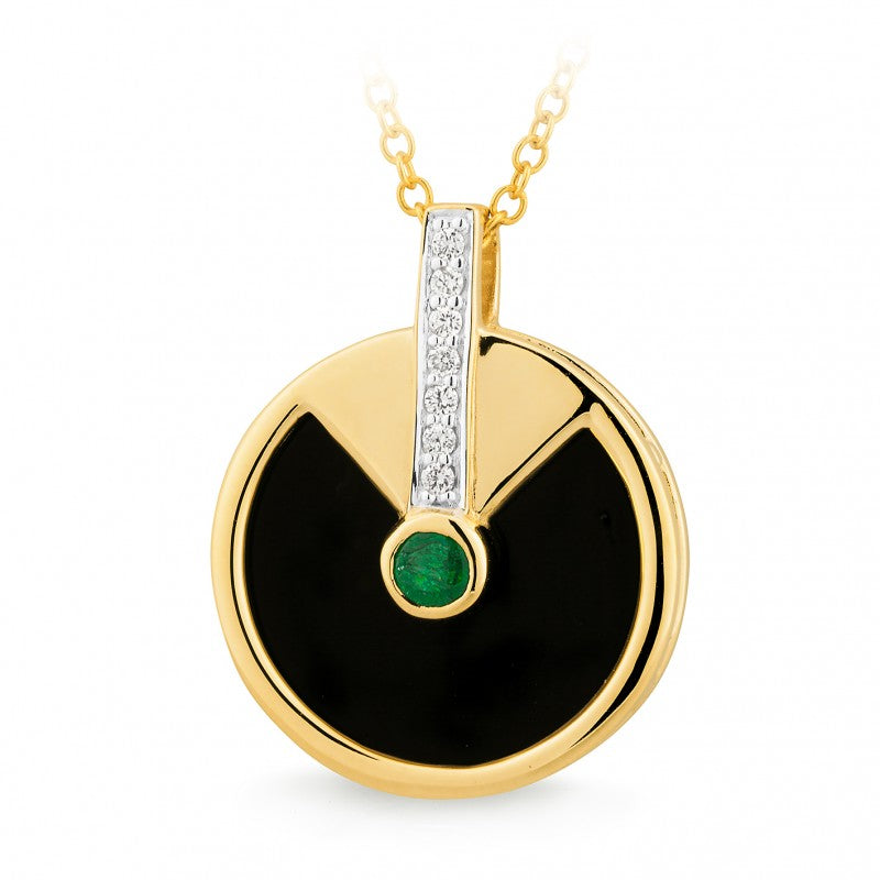 Onyx & Emerald & Diamond Bezel-Bead Set Pendant in 9ct Yellow Gold